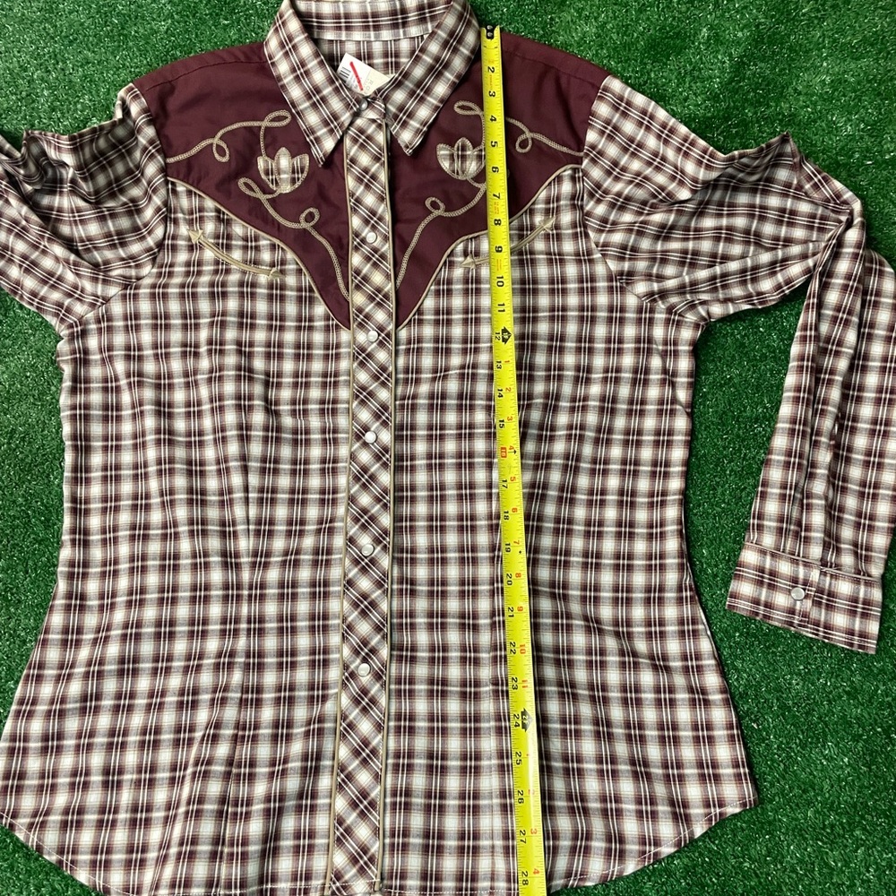 ROPERS WESTERN COWGIRL SNAP WINE CREAM TAN SMALL SCALE PLAID SIZE L-XL - Picture 11 of 11